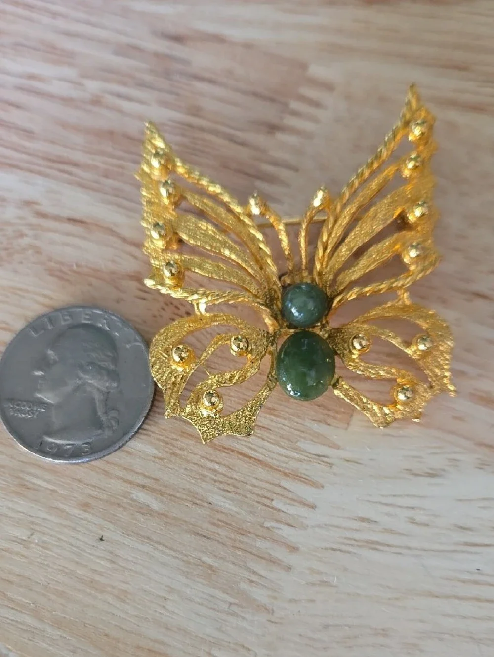 Gold-Tone Butterfly Brooch with Green Jade Accents